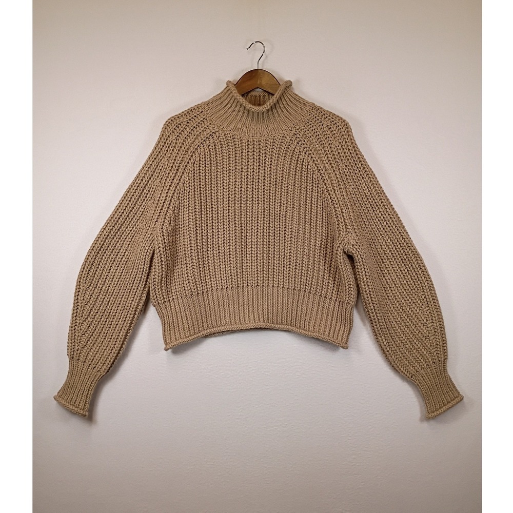 Boho Minimalist H&M Womens Large Tan Chunky Ribbed Mock Neck Raglan Sweater